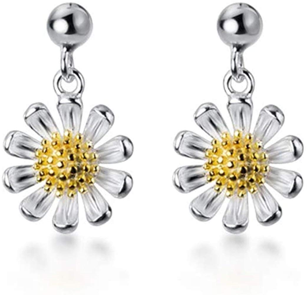 Daisy Flower Dangle Drop Stud Earrings S925 Sterling Silver Dianty Ball Flower Dangling Charm Earring Studs Fashion Jewelry Delicate Gifts for Women Girls Birthday Hypoallergenic