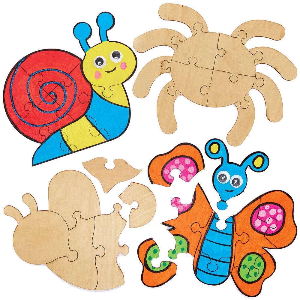 Baker Ross FC710 Bug Wooden Jigsaw Puzzles - Pack of 5, Craft Kits for Kids, Painting Wood Crafts Puzzle