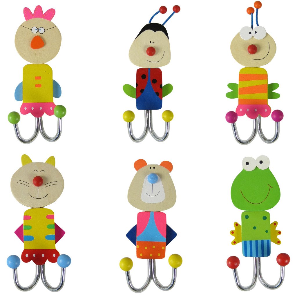 Wall Hook - Children's Set of 6 Clothes Hooks made of Wood - Multi-Coloured