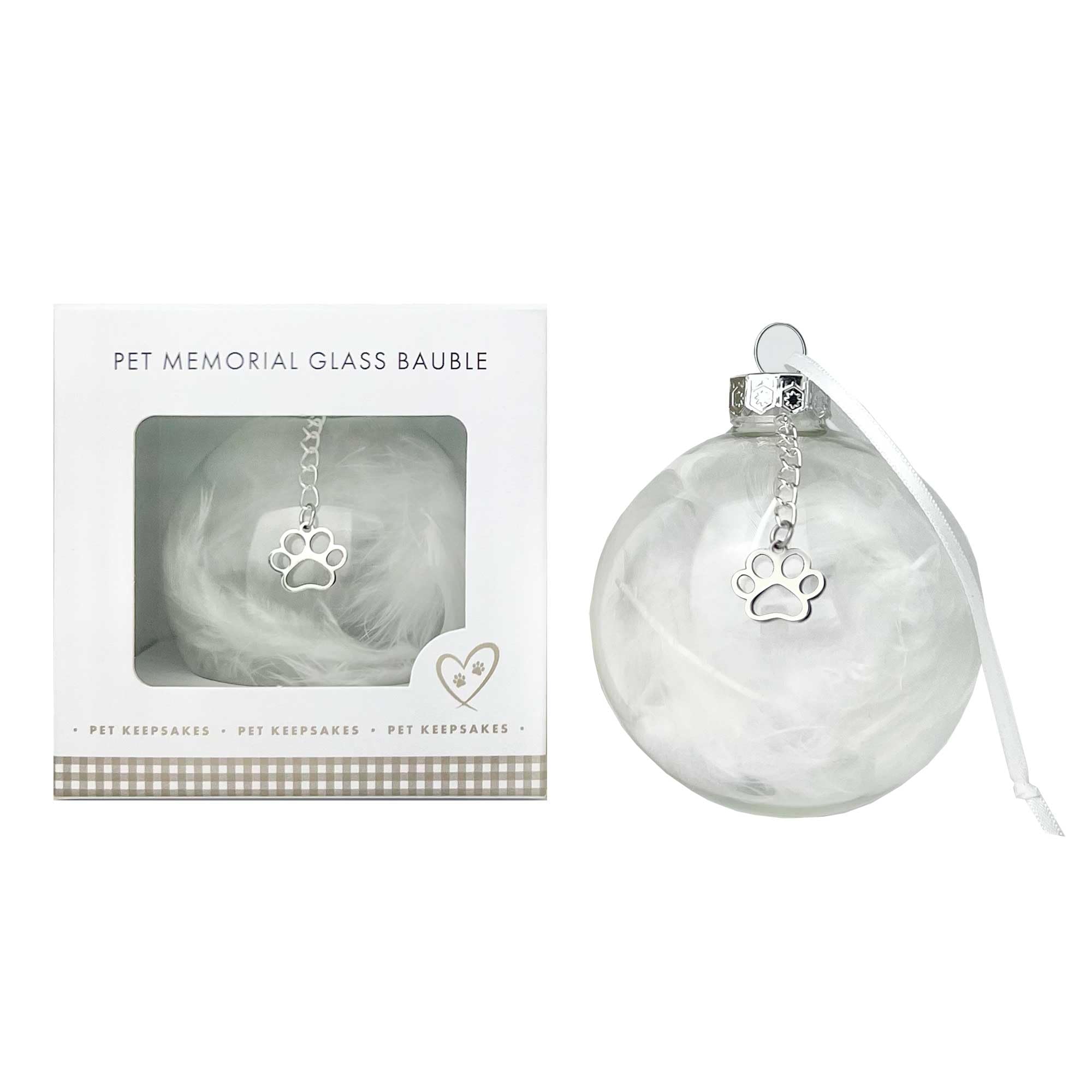 Pet Memorial Feather Filled Glass Bauble with Paw Print Charm | Christmas Tree Ornament for Remembering Beloved Pets | White Feathers & Metal Paw Charm | Remembrance Gift | 7 x 7cm
