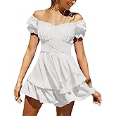 LYANER Women's Tie Back Off Shoulder Wrap Layer Ruffle Short Sleeve Mini Dress