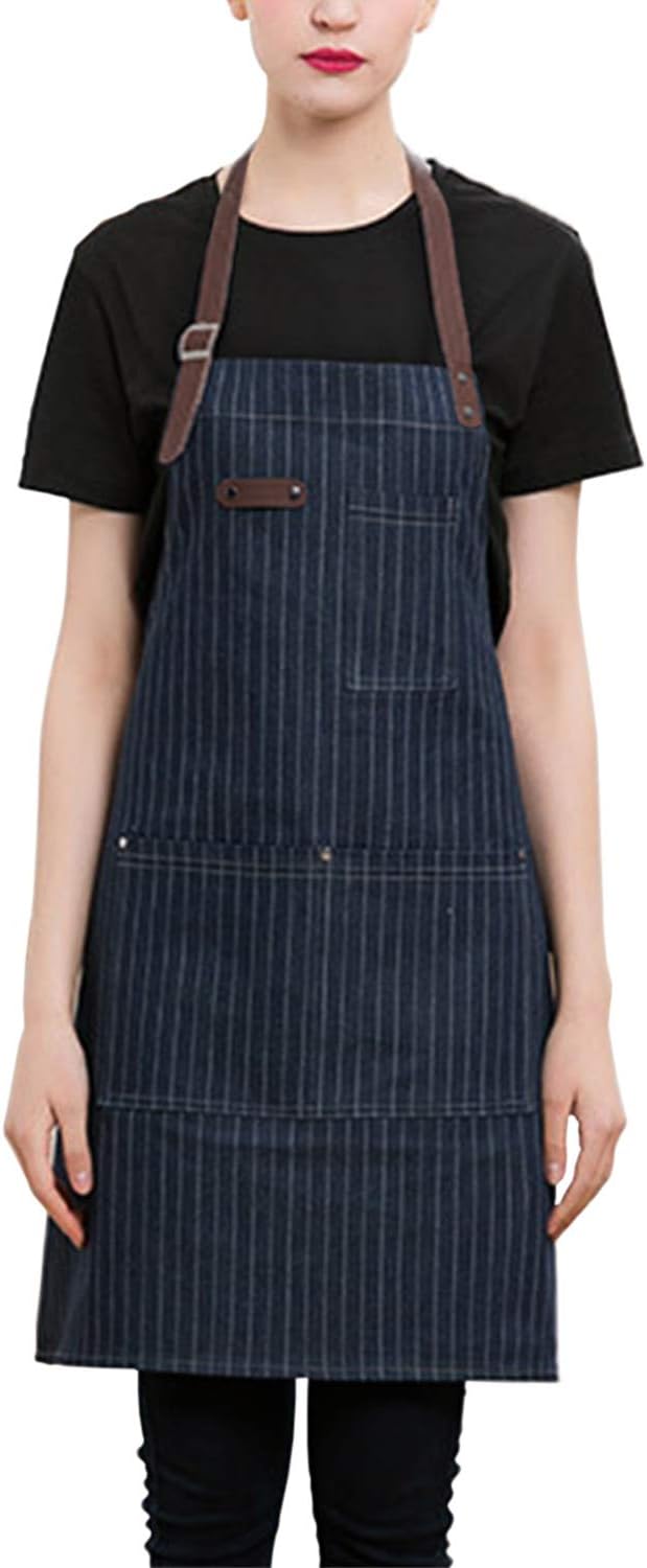 VEIKERY Adjustable Demin Bib Apron with 3 Pockets Extra Long Ties Chef Apron for Men Women Chef Restaurant Baking Cooking Crafting Artist Painting Grill BBQ Drawing 29"x31" (Blue Stripe 001)