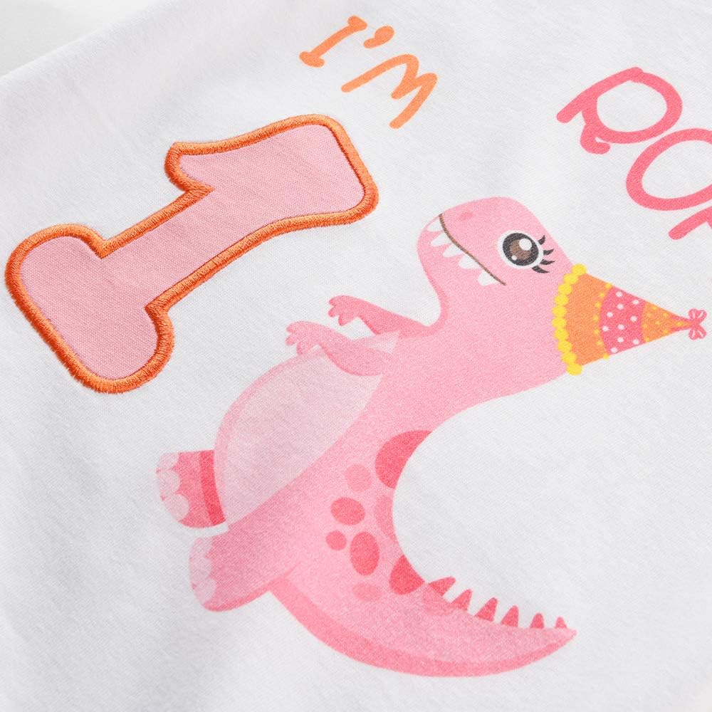 1st Birthday Girl T-Shirt Dinosaur Party B-Day Themed Tee Gift for Baby Dino First Birthday T Shirt Cotton Short Sleeve T-Rex Printed White - Image 3