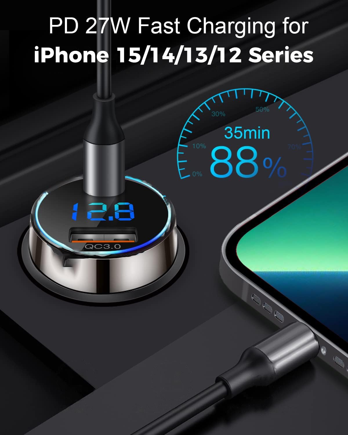 [Pure Copper] USB C Car Charger, SUPERONE 45W Dual USB Car Charger Adapter with 27W/20W PD Port, Fast QC3.0 LED Voltmeter for iPhone 15 14 13 Max/Pro/Plus/Mini, Pixel 7/6/5, Samsung S22/21 More