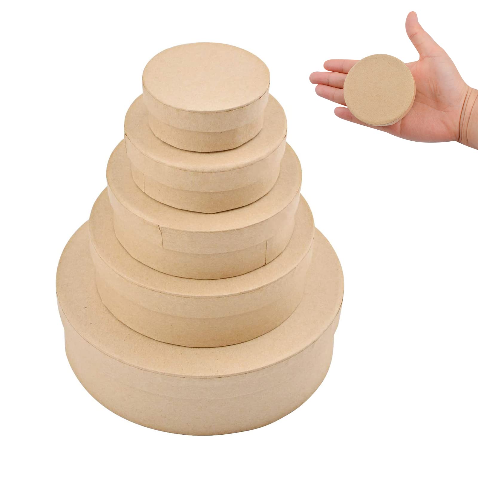 WANDIC Paper Mache Box, Set Of 5 Round Mini Kraft Paper Boxes With Lids Ideal For Crafting & Storage Accessories Cosmetics Jewelry Gifts Home