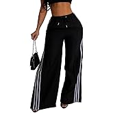 Angsuttc Wide Leg Pants Women Drawstring Side Split Sweatpants with Stripes Casual Elastic High Waist Long Pant