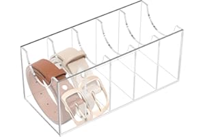 Chris.W Belt Organizer Box, Acrylic 5 Compartments Belt Storage Holder for Closet and Drawer, Clear Belts Display Case, Close