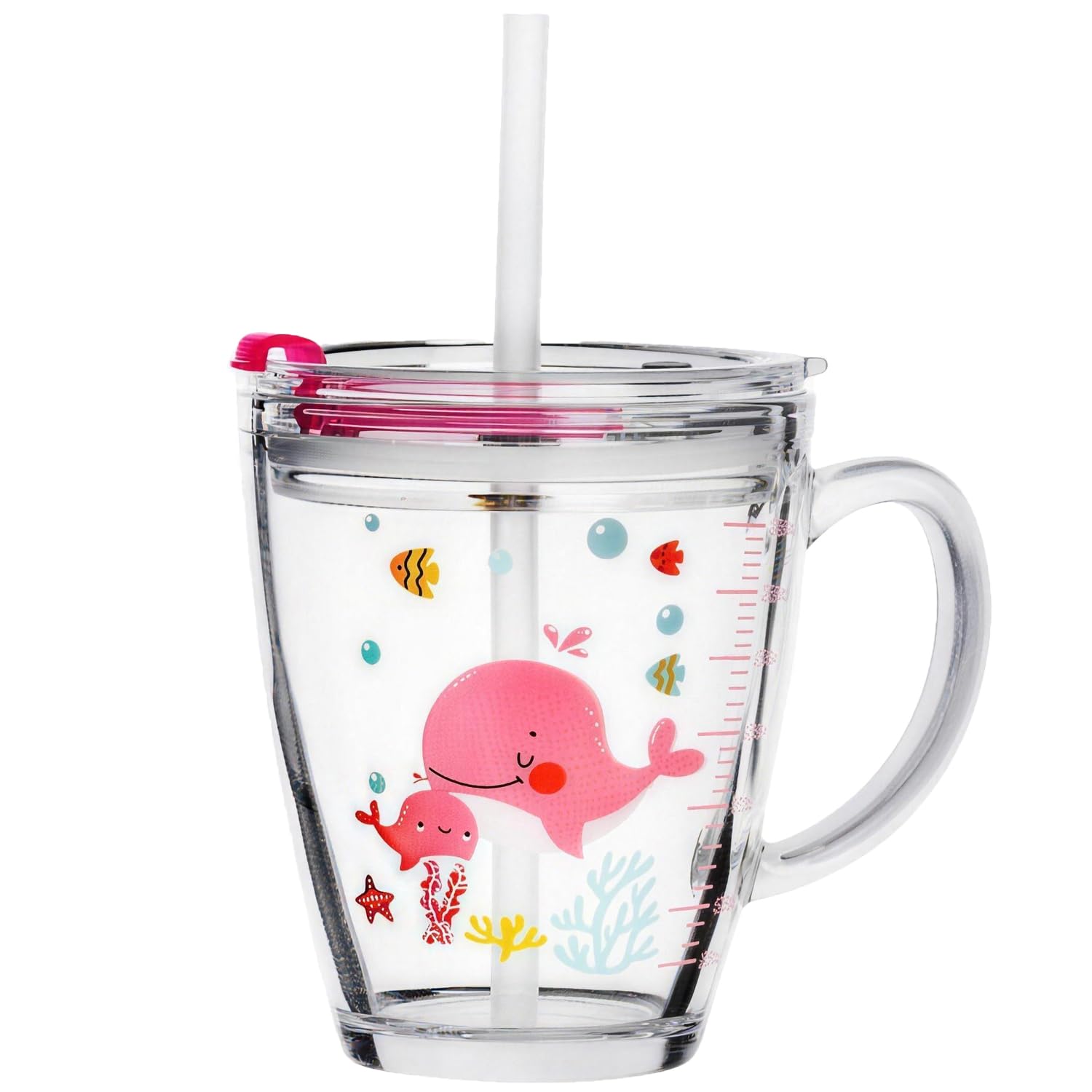 Glass Milk Cup with Measuring Kids Microwave Leak-proof Sippy Cup 300ml Transparent Drinking Glasses Jars Bottles Scale Measure Cups Cartoon Printing Water Cups with Lid Straw Handle for Milk Juice