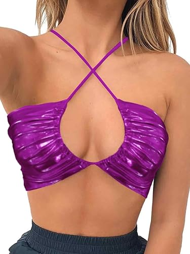Women's Mermaid Top Purple Metallic Rave Festival Clothing Crop