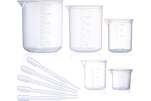 Plastic Beaker Set, 5 Sizes Low Form Measuring Graduated Griffin Polypropylene Beakers in 500 ml, 250 ml, 100 ml, 50 ml, 25 m