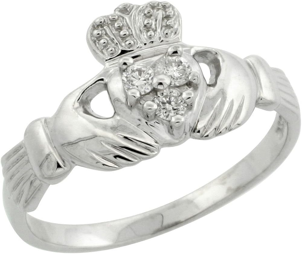 Small 14k White Gold Diamond Claddagh Ring for