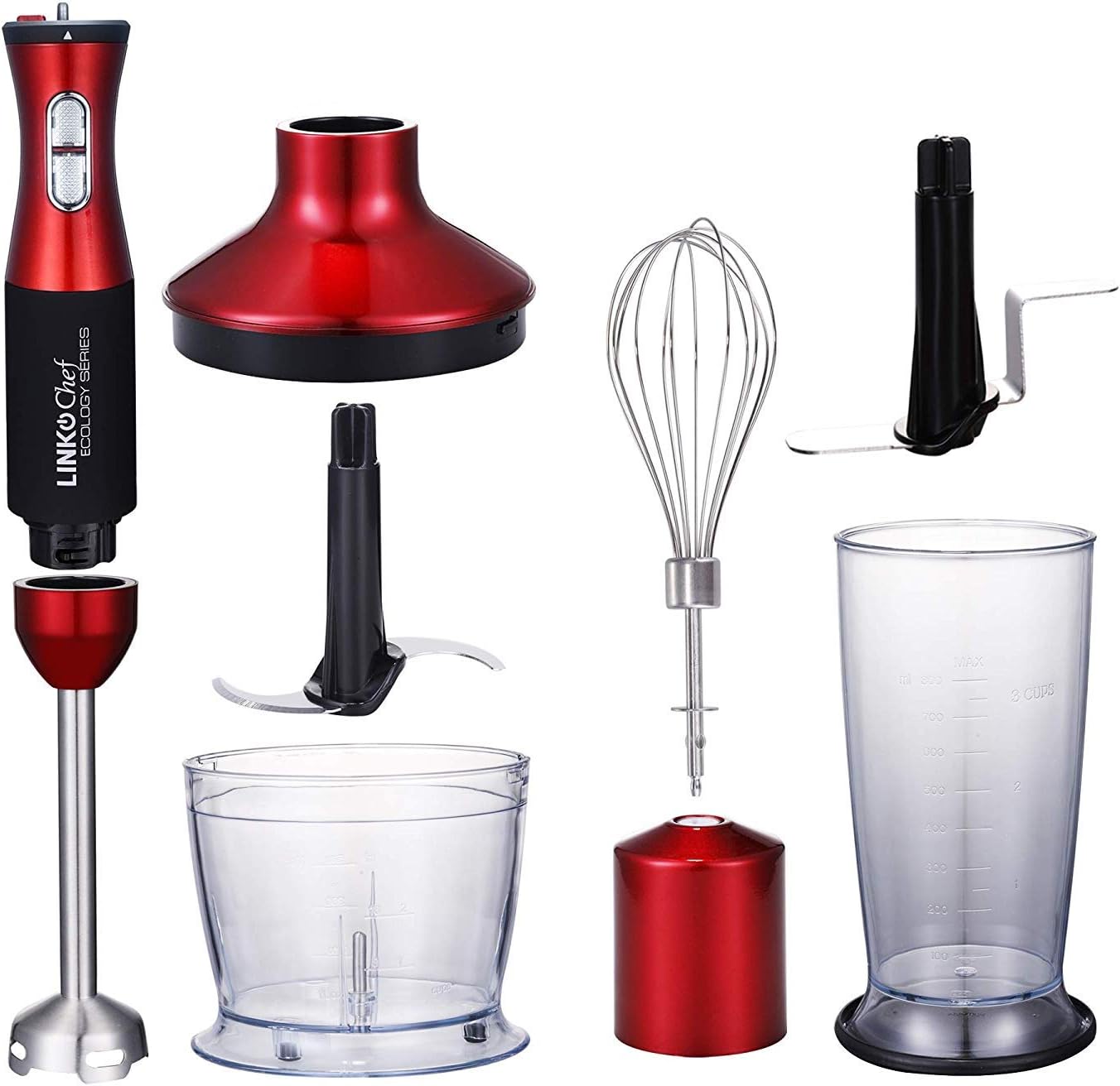 JUSTINZ Hand 3 in 1 20 Speed 800W Immersion Blender, 500ml Food Processor, 800ml Beaker, Whisk, Robust Titanium Coating Stainless Steel Blade, Red/Black