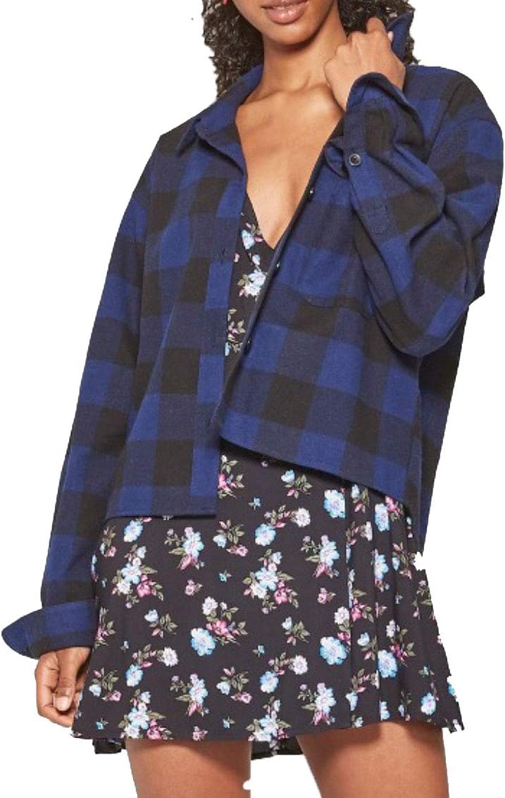 Wild Fable Women's Long Sleeve Cropped Plaid Button Down - Navy -