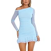 OOQONQ Women's Fall Off The Shoulder Long Sleeve Bodycon Ruched Mini Dress Mesh Ruffle Hem Cocktail Club Party Dresses