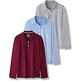 3 Pack Youth Girls' Performance Polo Shirts, Long Sleeve Pique Collared Kids School Uniform Tops