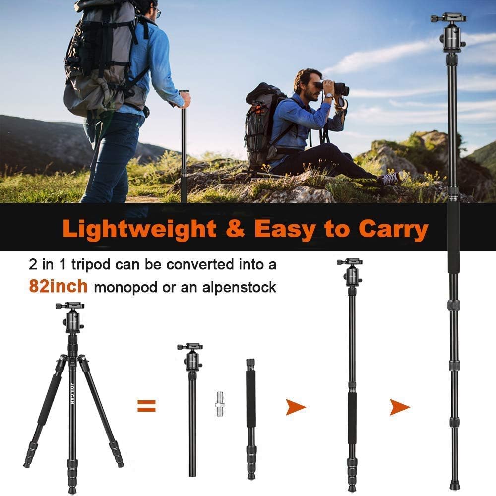Joilcan 80-inch Tripod for Camera, Aluminum Tripod for DSLR, Monopod, Lightweight Tripod with 360 Degree Ball Head Stable for Travel and Work 18.5"-80", 19lb Load (Black) : Camera & Photo