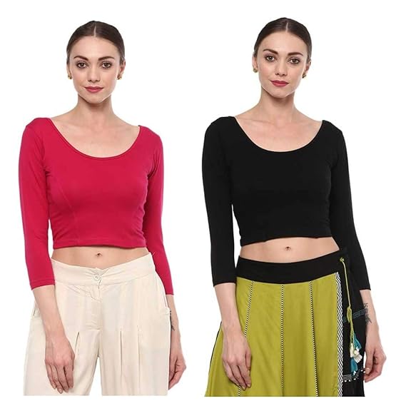 Women's Cotton Readymade Saree Blouse Stretchable Crop Top Choli Pack of 2