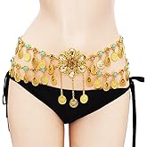 Jumwrit Vintage Bohemia Flower Body Chain for Women Adjustable Acrylic Disc Belly Chain Layered Rhinestone Waist Chain Accessories for Teens Girls