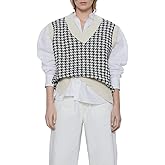 WFHFNJW Women Houndstooth Pattern Knit Sweater Vest Sleeveless Loose V-Neck 90s Waistcoat Pullover Knitwear Top White