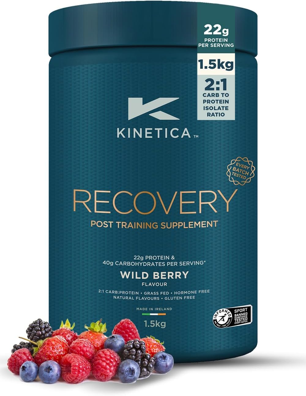 Kinetica Sports Recovery Powder - Wild Berry Flavour | 20 Servings/1.5kg | 2:1 Carbohydrates to Protein Isolate Ratio | Gluten-Free Post Workout Drink | Muscle Repair & Energy Store Replenisher