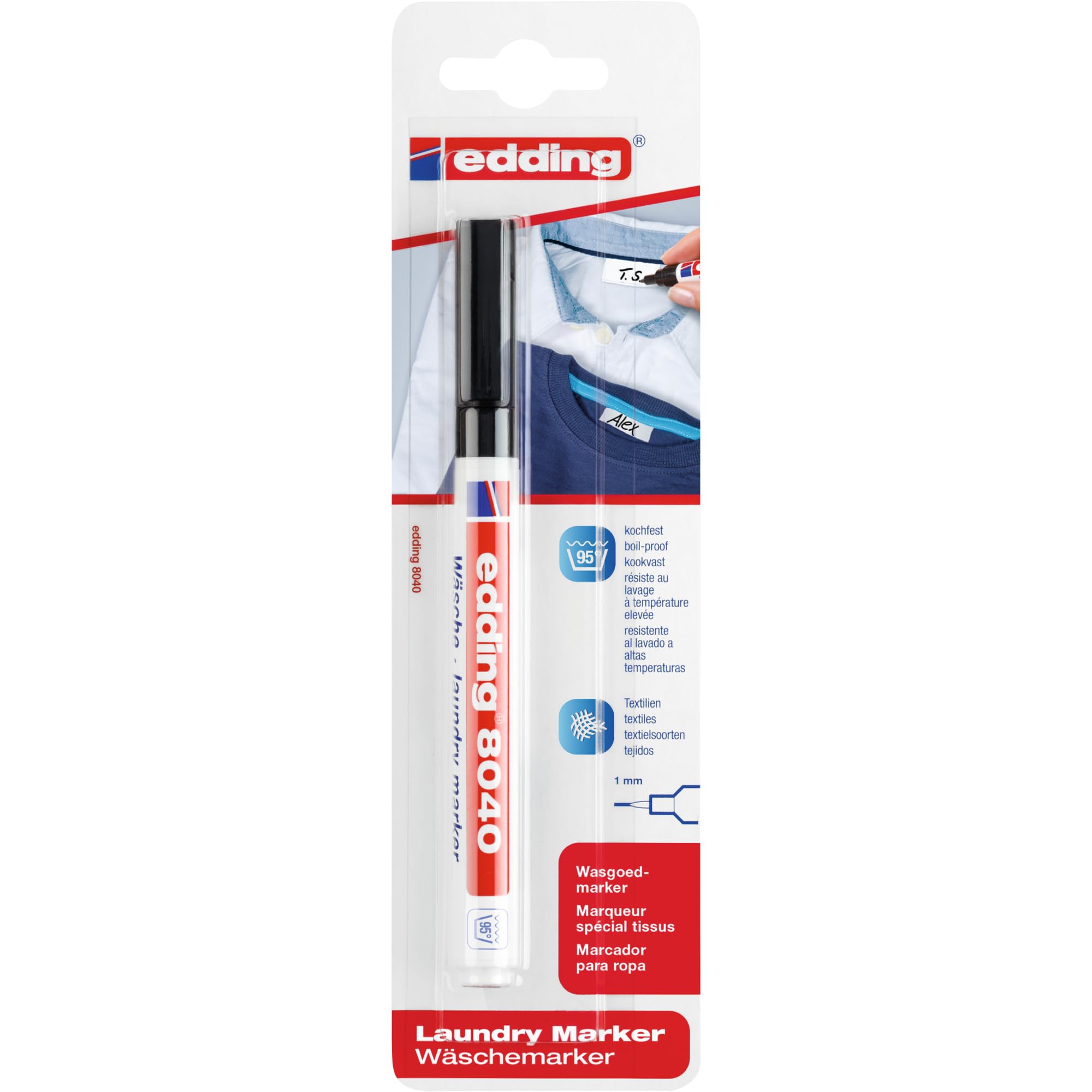 edding 8040 laundry marker - black - 1 pen - round nib 1 mm - textile marker for labelling clothes, wash-resistant at 95°C - laundry pen