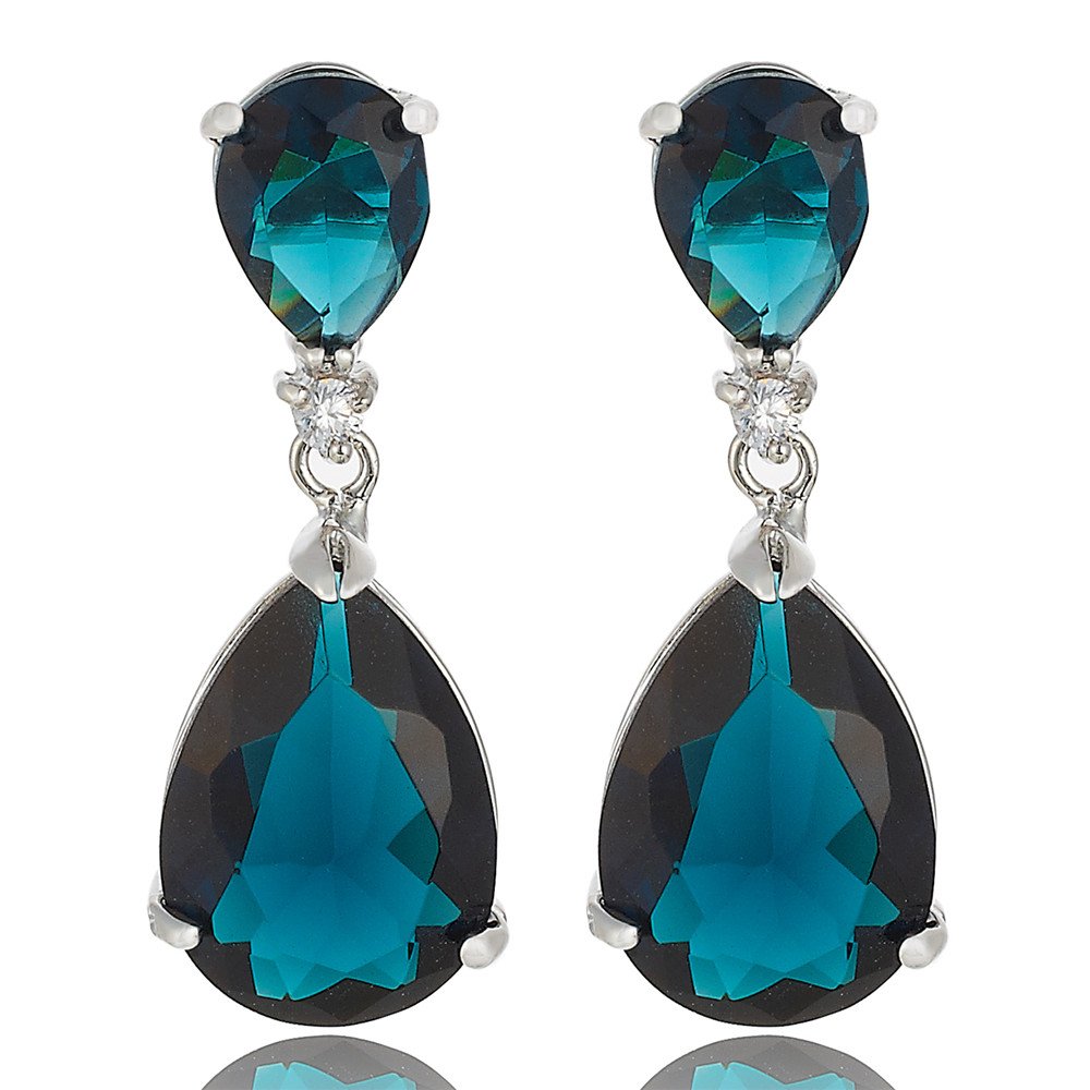 [RIZILIA CELEBOX] Teardrop Dangle Pierced Earrings with Pear Cut Gemstones CZ [Blue Sapphire] in 18K White Gold Plated, Celebrity inspired by Angelina Jolie — image 1