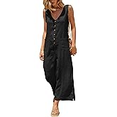 Yeokou Women Button Down Jumpsuits Cotton Linen Sleeveless Casual Wide Legs Rompers Loose Overall with Pockets