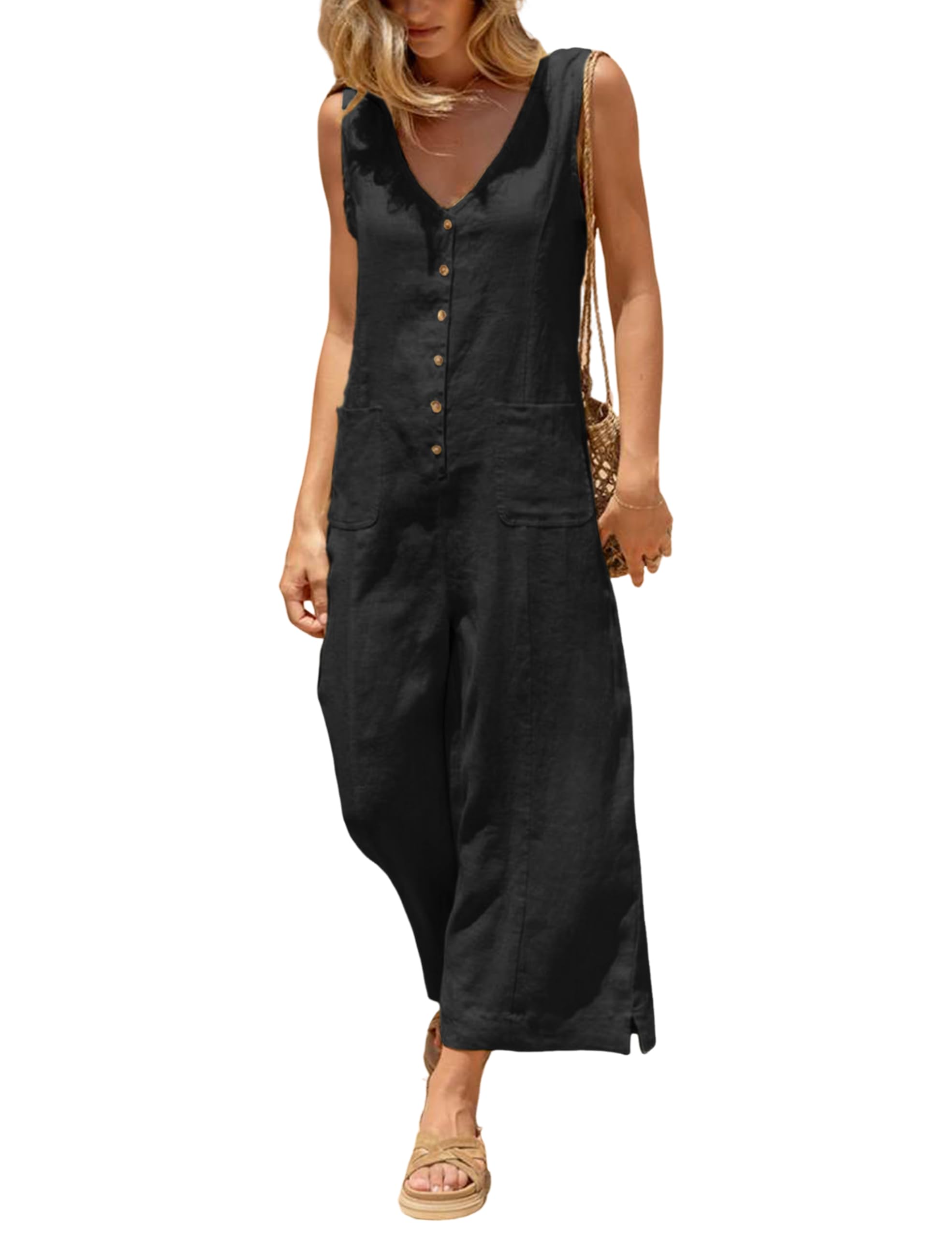Photo 1 of Yeokou Women Button Down Jumpsuits Cotton Linen Sleeveless Casual Wide Legs Rompers Loose Overall With Pockets(Black-M)
