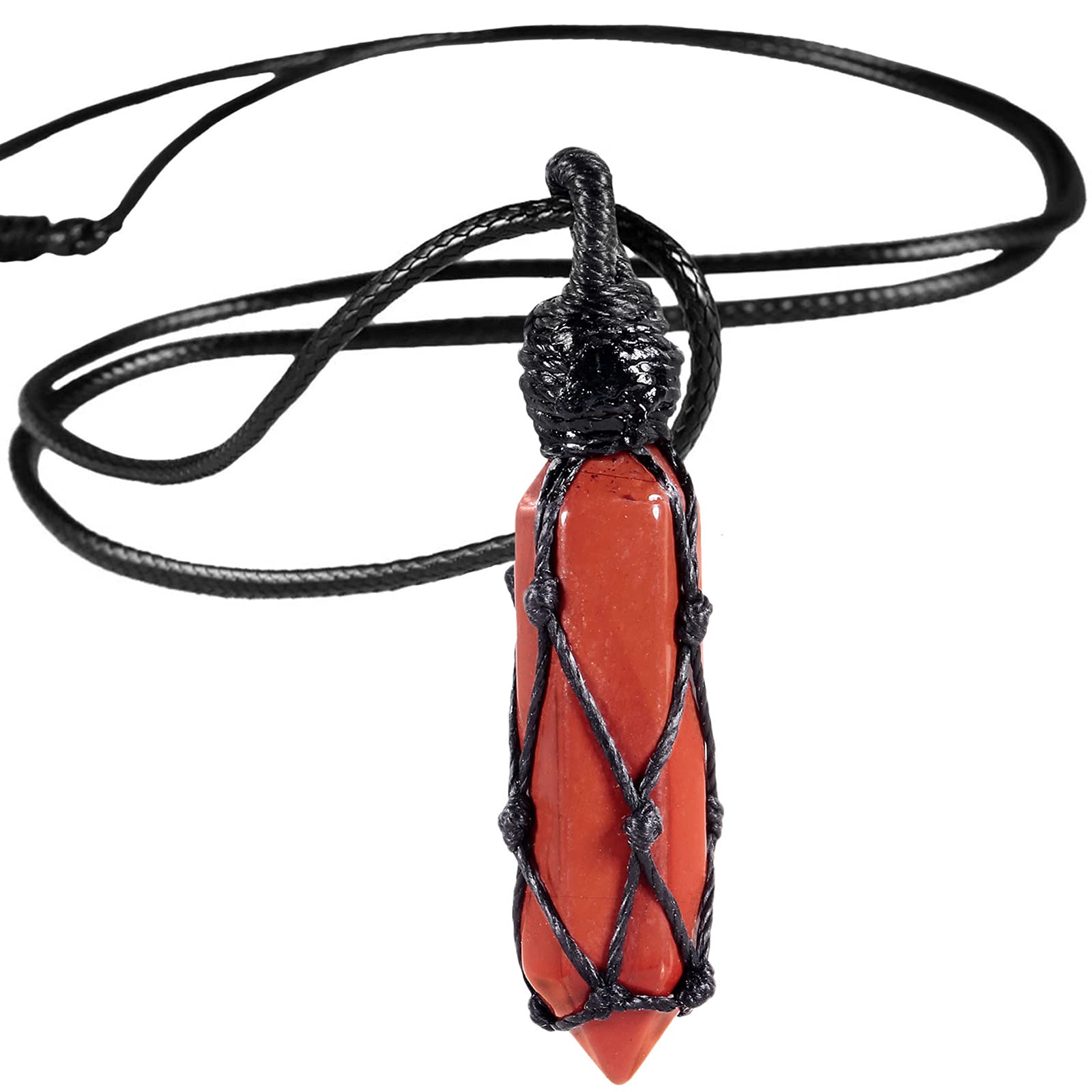 Nupuyai Red Jasper Hexagonal Quartz Crystal Point Pendant Necklace for Women Men, Natural Wrapped Stone Pendulum Pendant with Adjustable Rope 65cm