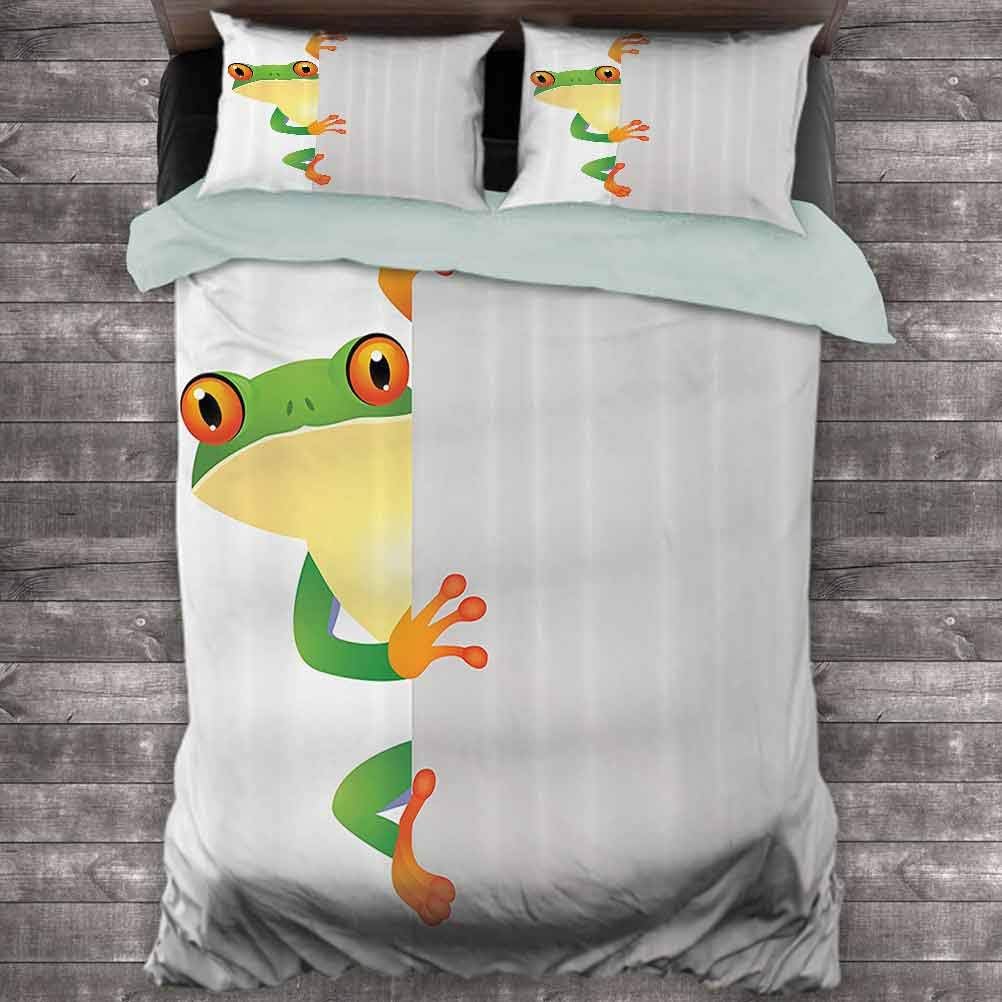 Toopeek Reptile Decor 3-Pack (1 Duvet Cover and 2 Pillowcases) Funky Frog Prince with Big Eyes On The Wall Camouflage Nursery Reptiles Decor Polyester (Full) Green Yellow Orange