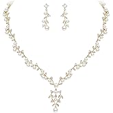 EVER FAITH Bridal Cubic Zirconia Jewelry Sets for Women, White Simulated Pearl Leaf Vine Pendant Wedding Party Necklace Earrings Set for Bridesmaid Bride