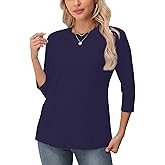 ALUS 3/4 Length Sleeve Tops for Women Crew Neck Casual Blouses Basic T Shirts