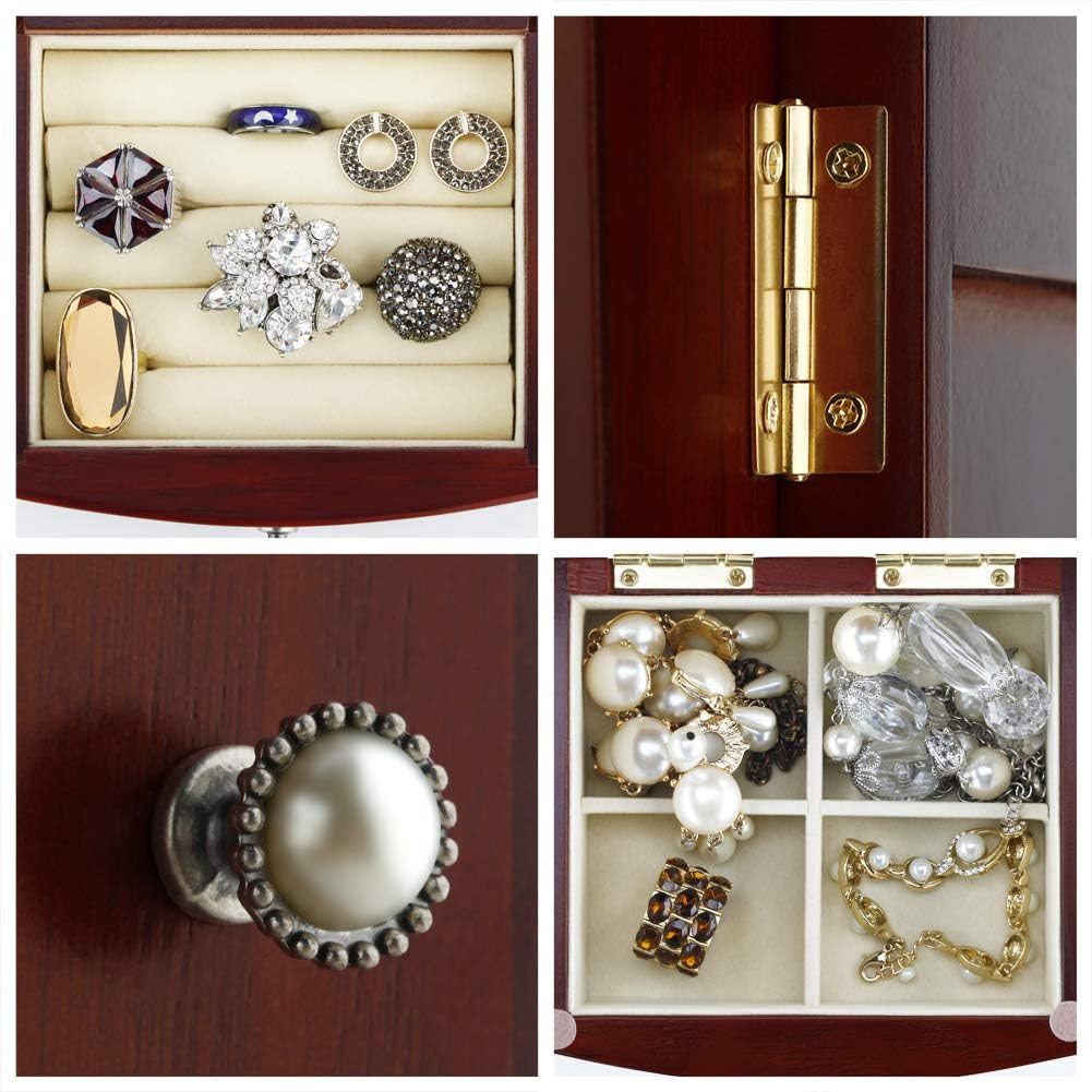 Jewelry Box - Made of Solid Wood with Tower Style 4 Drawers Organizer and 2 Separated Open Doors on 2 Sides and Large Mirror Brown: Home Improvement