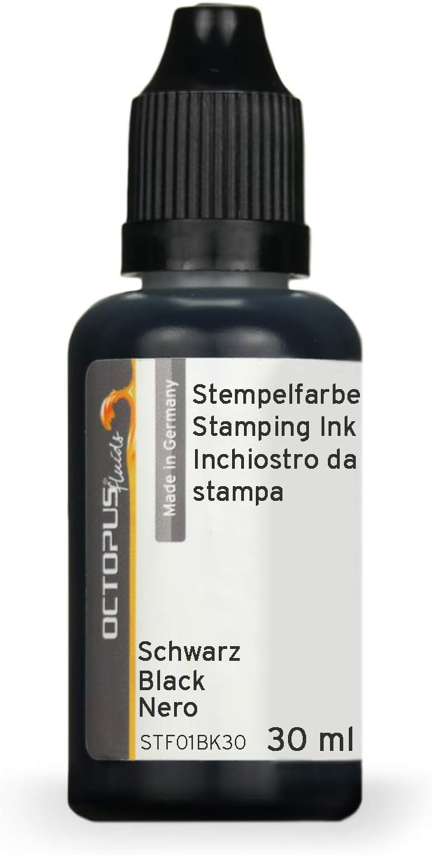 Octopus Fluids stamping ink, refillable ink for inking stamp pads and automatic stamping machines, 30ml stamping ink, black without oil
