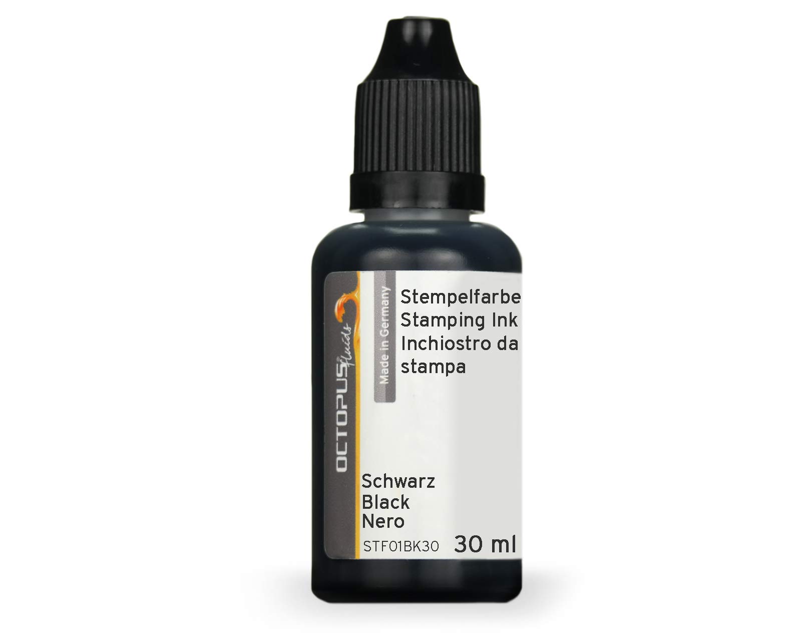 Octopus Fluids stamping ink, refillable ink for inking stamp pads and automatic stamping machines, 30ml stamping ink, black without oil
