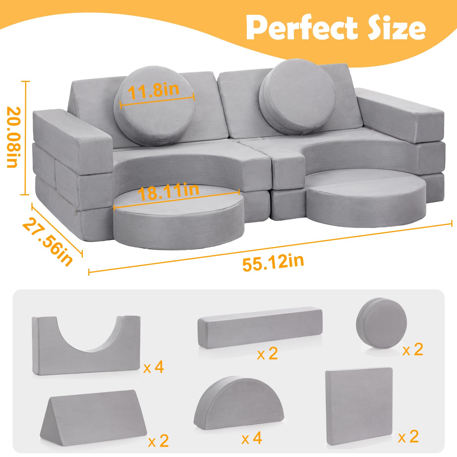 JungleDove 16Pcs Soft Play Blocks for Toddlers & Kids, Foam Climbing & Crawling Toys for Boys & Girls Aged 3+, Corner Climber Nugget Play Couch, Grey