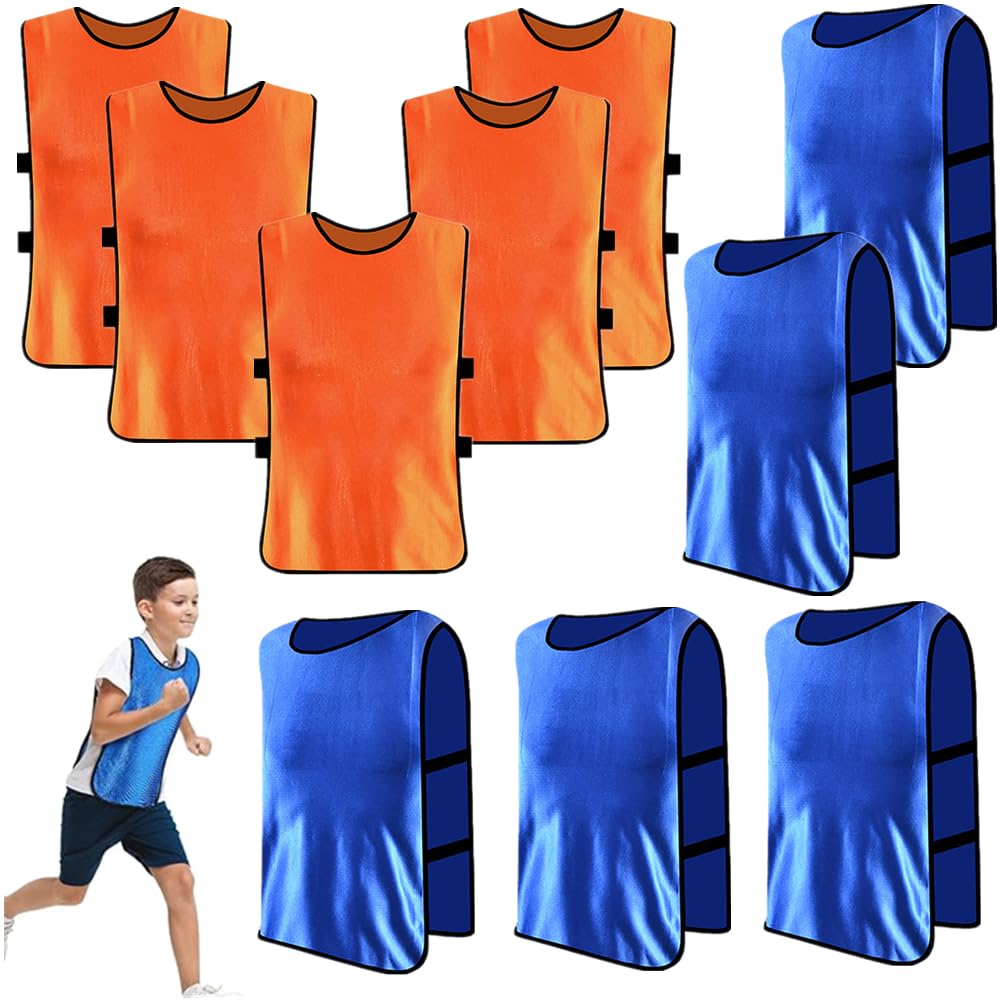 10 Pcs Team Pinnies Jerseys for Kids Youth Scrimmage,36 * 56 cm,Training Game Soccer Vest, 2 Colors Pinnies for Children Youth Game Sports Basketball,Soccer,Football,Volleyball-5 orange+5 blue