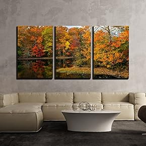 3 Piece Canvas Wall Art - Colorful Autumn Reflections on This Pond in Allaire State Park in New Jersey. - Modern Home Art Stretched and Framed Ready to Hang - 16"x24"x3 Panels