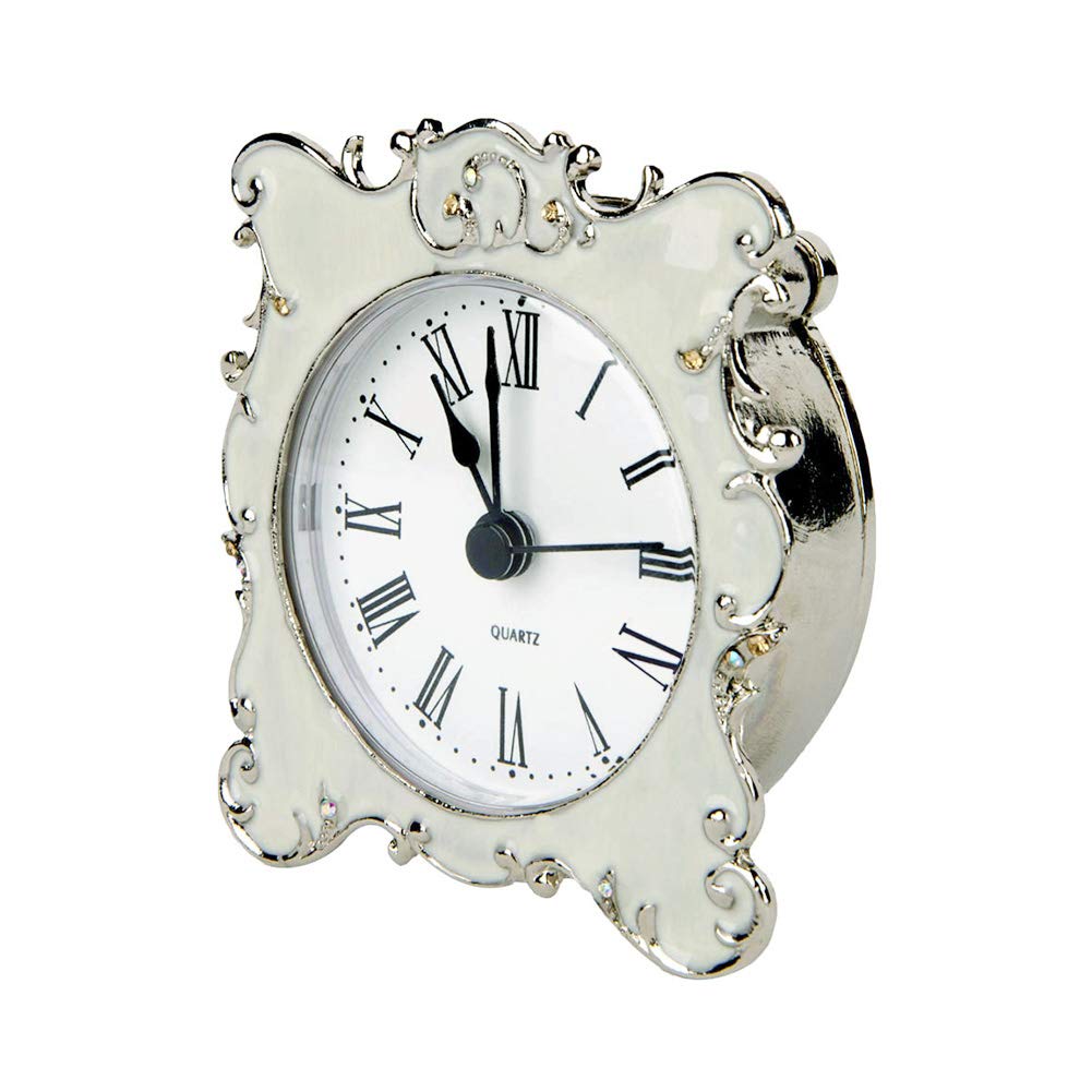 NIKKY HOME Pewter Pretty Small and Cute Vintage Table Clock with Quartz Analog Crystal Rhinestone 3 Inch for Living Room Bathroom Decoration, White Enamel