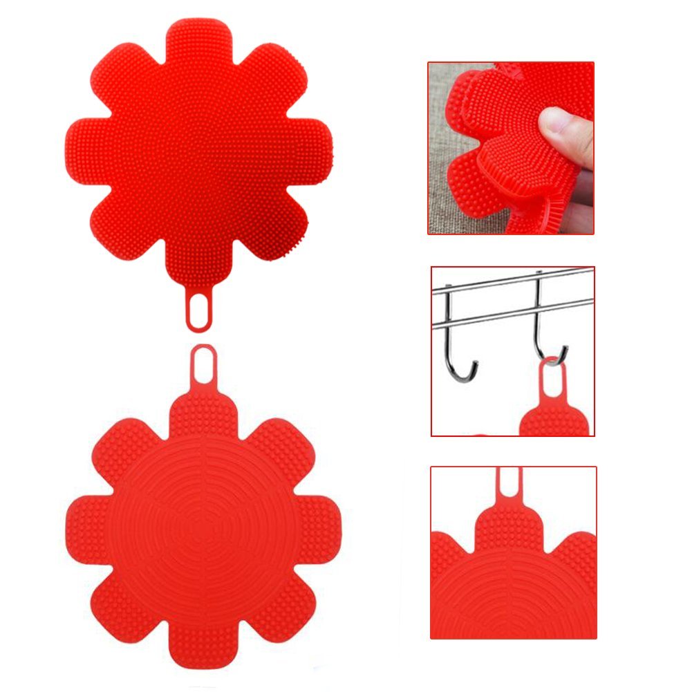 Silicone Sponge Multipurpose Antibacterial Silicone Scrubber for Kitchen Brush Pot Pan Dish Bowl -Wash Fruit and Vegetable -Pot Holder (4, Purple+red)