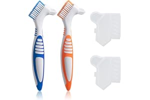 2 Pack Denture Brushes with Covers, Denture Cleaning Brushes Double Sided Denture Toothbrush, Rubber Anti-Slip Handle, Dentur