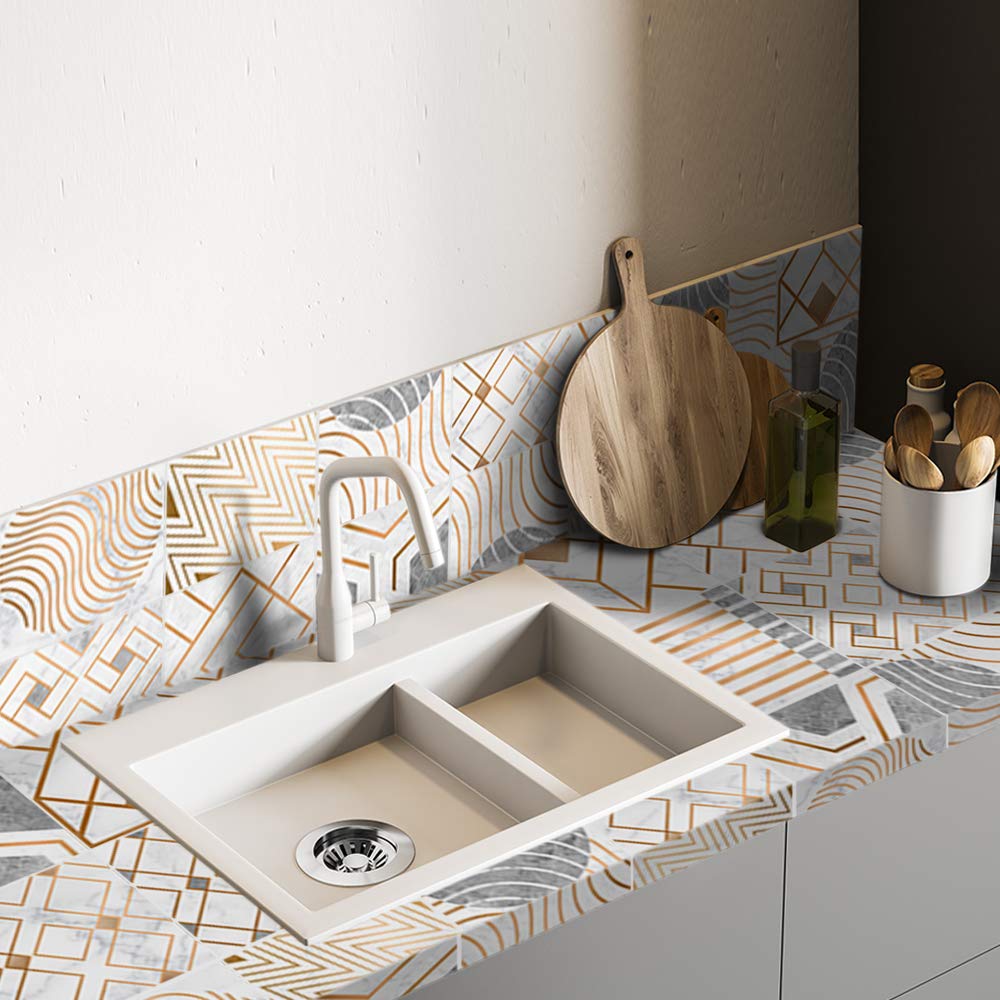 Floor Wall Tile Transfers Sticker for Home Decor, Peel & Stick self-Adhesive splashback, Tile Decals for Living Room Kitchen Bathroom Decor,15cmX15cmX 10 Pcs, Geometric Metallic Marble Tile Sticker