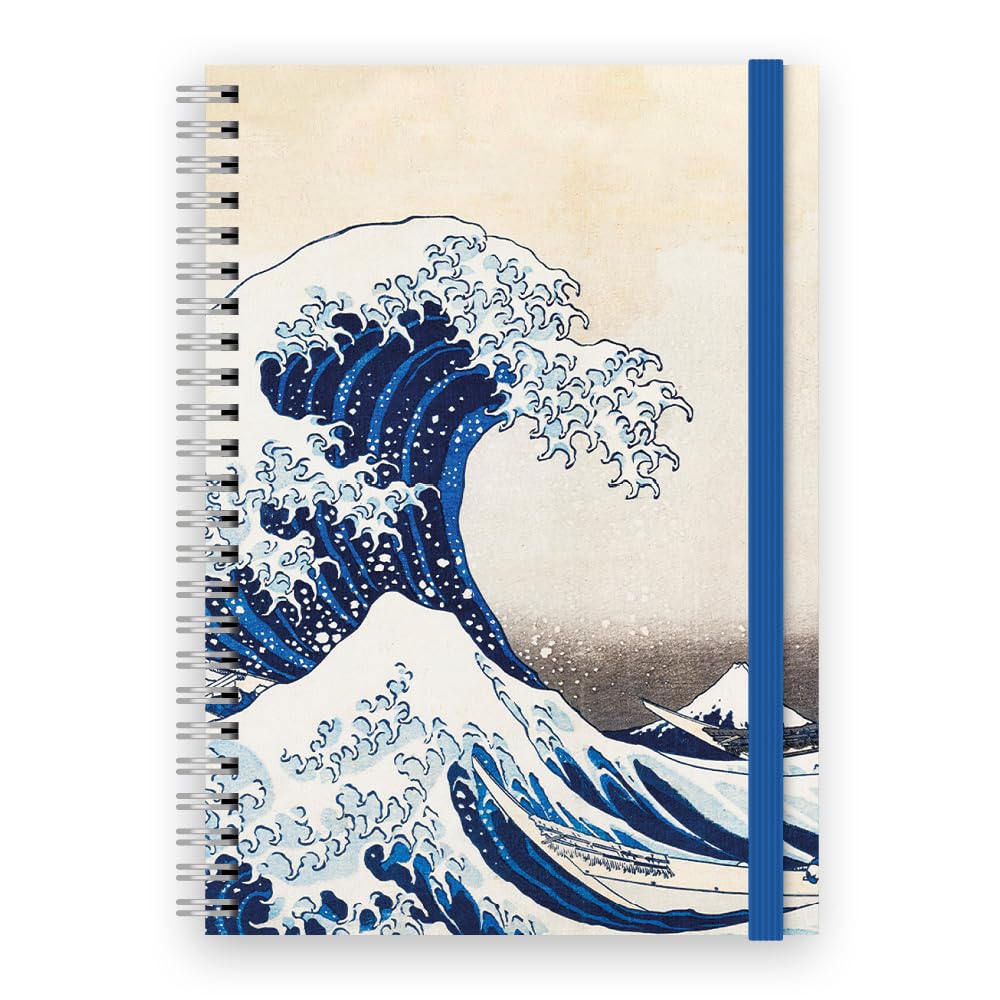 Cauliflower Journals A5 Spiral Bound Journal Notebook Hokusai Japanese Artist, Great Wave Themed Cover Design, 120 Ruled Pages, Double Pocket and Elastic Page Divider (Great Wave)