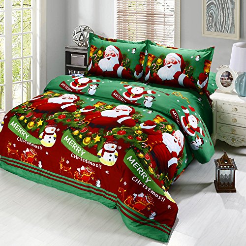 Anself 4PCS 3D Printed Cartoon Merry Christmas Santa Claus Comfort Bedding Sets, Bed Sheet + Quilt Cover + Pillow case