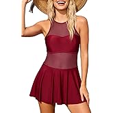 OnlyFyrene Women One Piece Swim Dress Mesh Sheer Tummy Control Slimming Swimsuits with Adjustable Straps Built-in Shorts