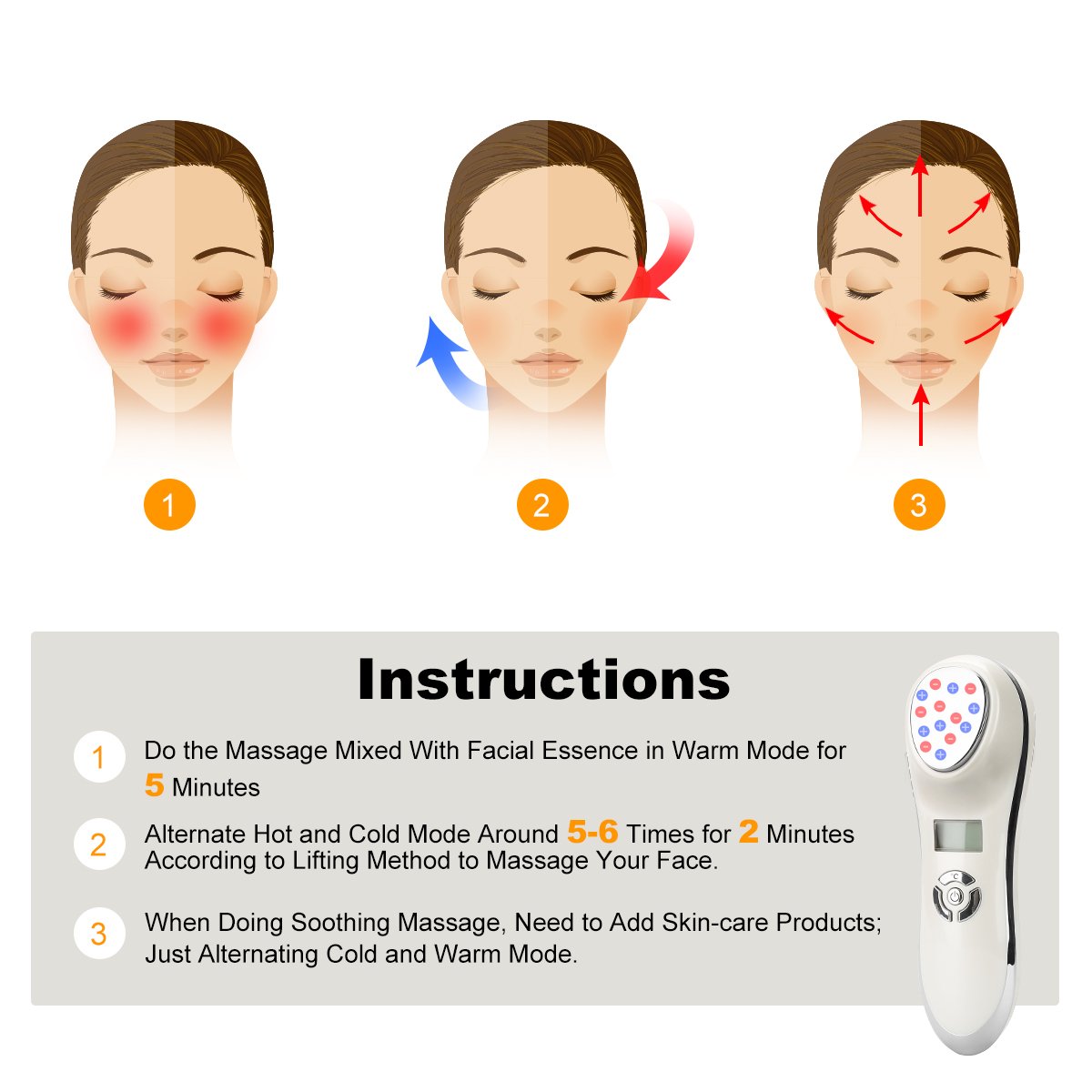Hot and Cold Face Massager, Yusong Electric Facial Lift Device Sonic Cleanser, Vibration Heated and Cool Dual Modes Portable Face Eye Roller Machine Beauty Supplies (Handheld, White): Health & Personal Care