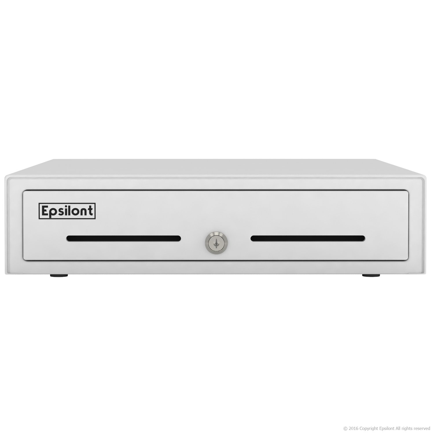 Epsilont Cash Drawer Part #: 37965600 - Printer Driven - Powder-Coated Steel with Roller Bearings 5 Bills 8 Coins with Double Media Slot (16" x 16", White)
