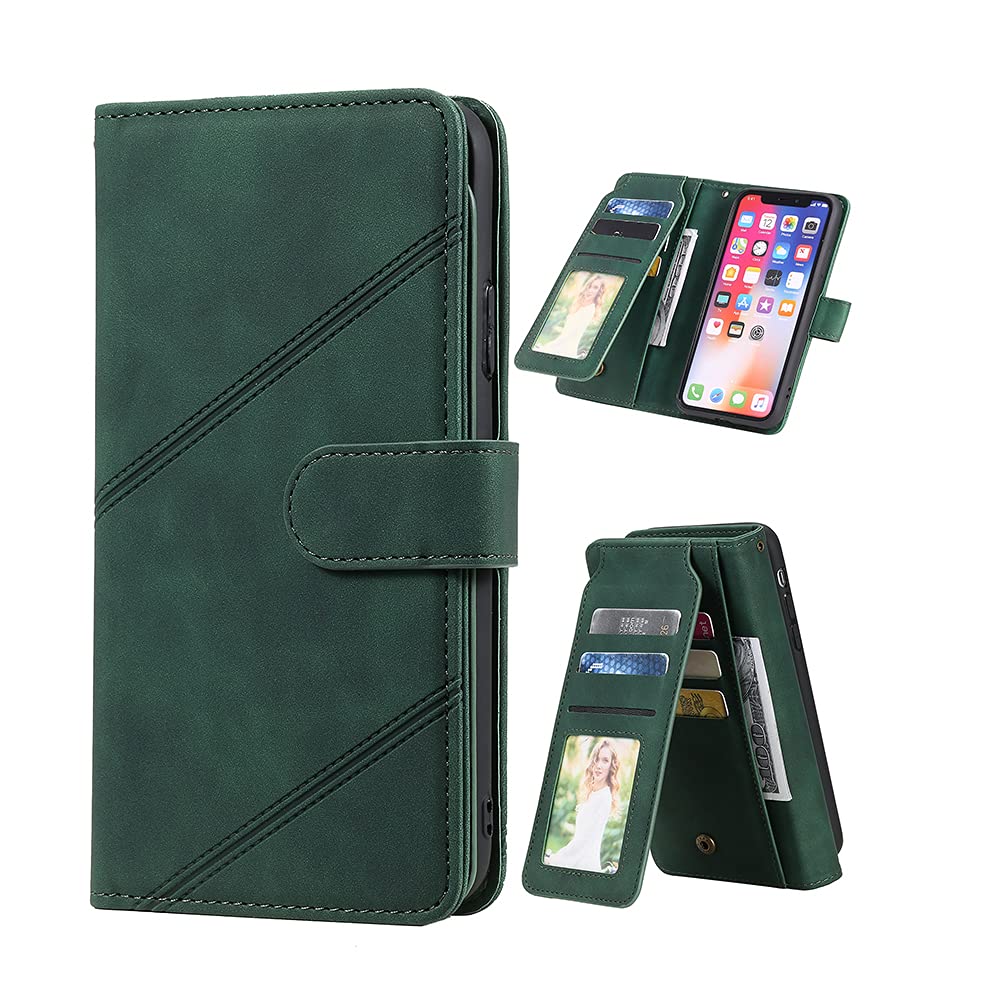 TIANCI Case for Xiaomi Redmi Note 10 4G/Note 10S, Phone Case [Skin-friendly PU Leather] 9 Card Slot Wallet Case [Two Support Methods] Flip Cover for Xiaomi Redmi Note 10 4G/Note 10S Case-Green