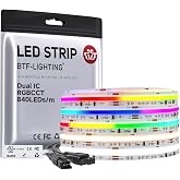 BTF-LIGHTING 16.4FT WS2811 Dual IC Chasing RGBCCT DC24V COB LED Strip Light | UL Listed High Density 840LEDs/m Chasing IC RGB Light+Tunable White 3000K-6000K,10mm Width 3M Tape(No Adapter or Controller)