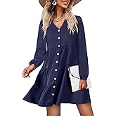 Amoretu Women Long Sleeve Tunic Dresses V Neck Fall Short Swing Dress (Navy,M)